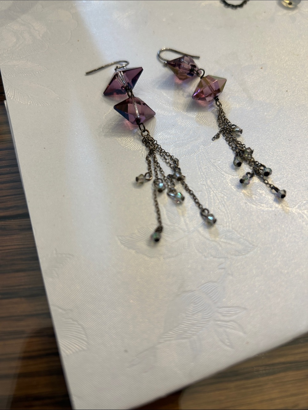 Purple Crystal Drop Dangle Earrings with Chain Fringe